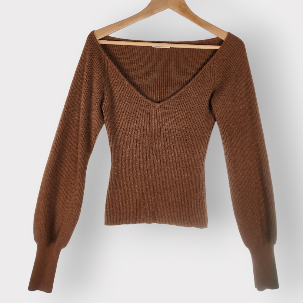 Reformation Hart Cashmere Sweater Size Medium Brown V-neck Blouson Sleeve Ribbed